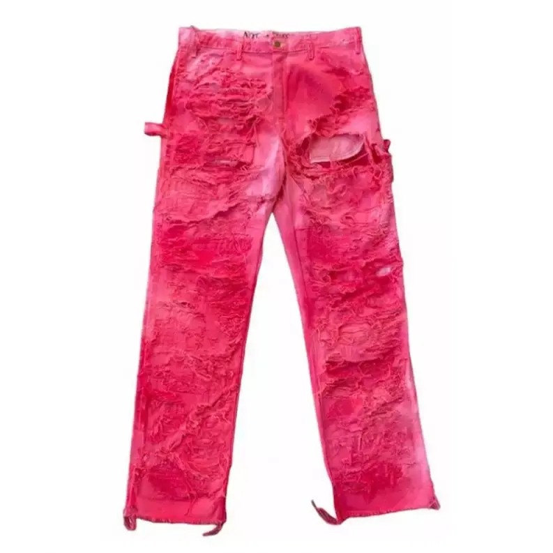 custom red pink fashion street wear denim pants boy's pants distressed ripped jeans