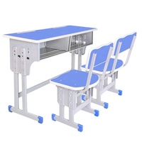 Ensemble bureau et chaise double gris pour étudiants, table d'étude réglable en hauteur avec siège et dossier ergonomiques