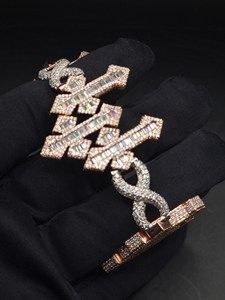 Bracciale Hip Hop di Alta Qualità con <span class=keywords><strong>Charm</strong></span> a Tripla Croce Placcato Argento e Oro Rosa, Completamente Tempestato di Cristalli - Product Image 5