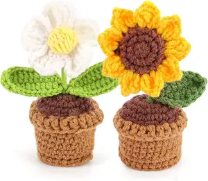 2パック手作りかぎ針編みの花完成手織りひまわりデイジーニット鉢植えニット花