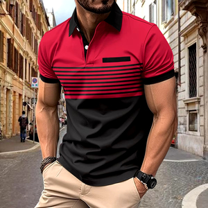 Camiseta de Verano Nueva para Hombre, Ajustada, Formal, con Combinación de Colores, Tejida, Transpirable, con Botones en el Pecho, Estampada a Rayas, de Manga Corta - Product Image 4