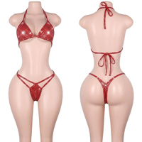 Ensemble de lingerie deux pièces en maille brillante à pois et sequins, avec soutien-gorge et string à lacets, style licou, pour adultes, tenue de club pour serveuses
