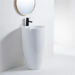 Elegant shape european modern free standing round white one piece bathroom ceramic art hand wash pedestal sink basin for hotel