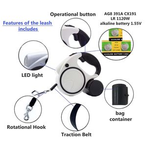 Laisse rétractable lumineuse KingHon pour chien, durable, pour l'entraînement et la promenade, longueur de rétraction 5m, avec boîte à sacs à déjections - Product Image 4