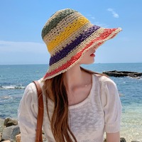 Chapeau de paille pliable personnalisé à large bord Chapeau seau disquette coloré pour les vacances d'été Voyage de ski Imprimé paille de raphia pour