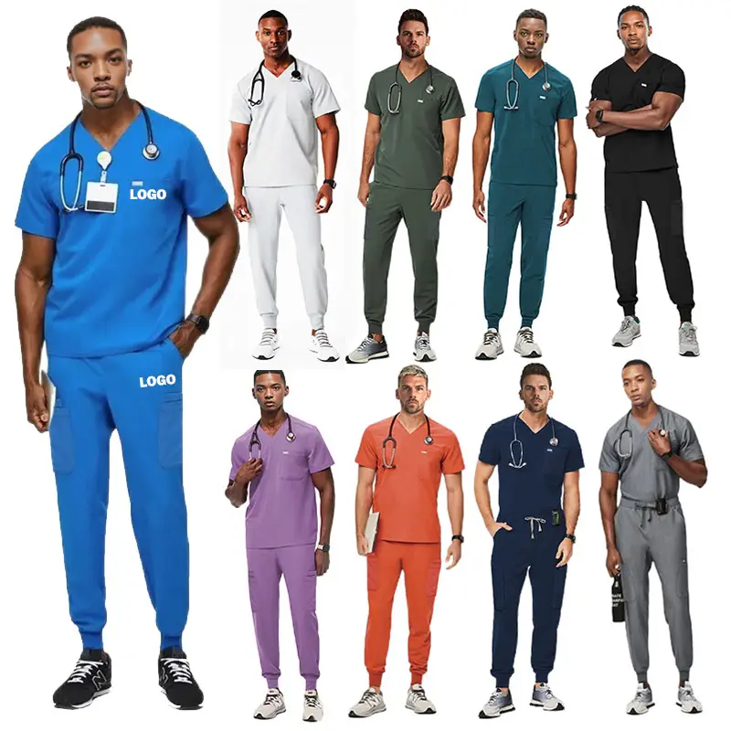 High quality moss green Bonsai navy royal blue black white stretch male men unisex jogger uniforms hospital nurse scrubs sets