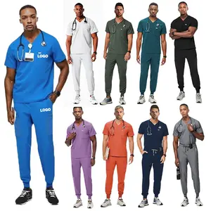 Set kualitas tinggi hijau lumut Bonsai navy blue royal hitam putih elastis pria uniseks seragam jogger Rumah Sakit perawat