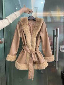 Chic Luxe Mùa Đông Cổ Áo Lông Thú Chắp Vá Mỏng Phù Hợp Với Dài Áo Khoác Lông Thú Phụ Nữ Cardigan Áo Khoác Da Với Vành Đai - Product Image 6