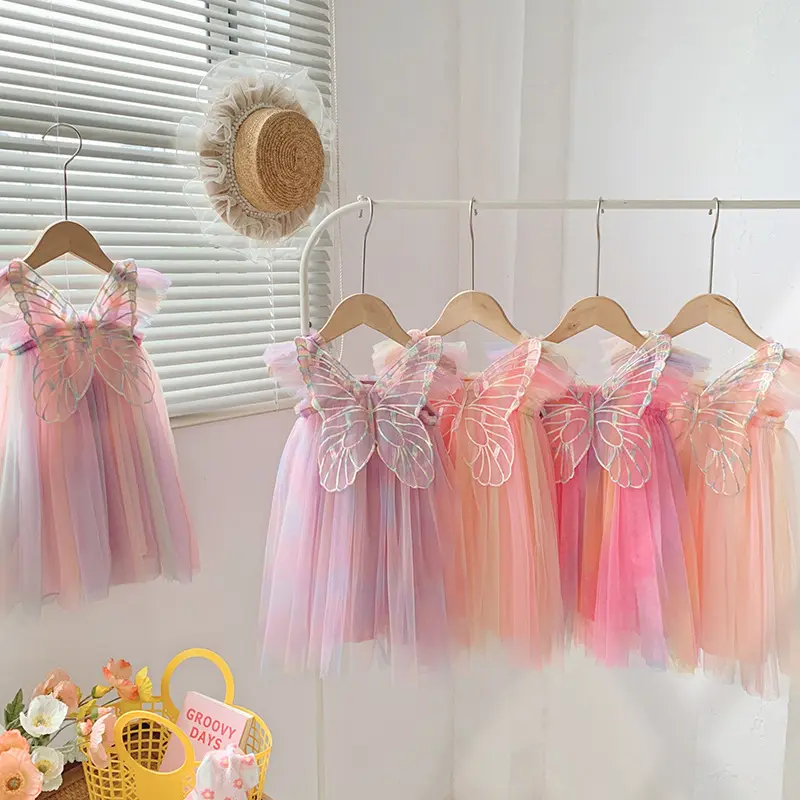 Hot Sale 2023 Rainbow Big Butterfly Baby Girl Dress Ruffle Flying Sleeve Tutu Baby Girl Dress 6-12 Month