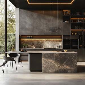 Muebles de Cocina Modernos y Sencillos de Acero Inoxidable, Gabinetes Abiertos con Decoración de Piedra de Cuarzo, Muebles Personalizados con Luz - Product Image 5