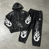 Ensemble de survêtement vintage épais pour homme, imprimé effet délavé soleil, avec pantalon de survêtement et sweat à capuche en molleton bouclette 100% coton effet vieilli