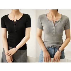 RUICHI Henley Neck Button Slim Fit Tee, Modal Stretch Regular Shoulder Plus Size Casual Basic Short Sleeve <strong>Top</strong> For Ladies - Product Image 6