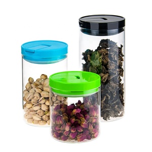 Food storage canister airtight round glass jar pasta glass container with plastic lid