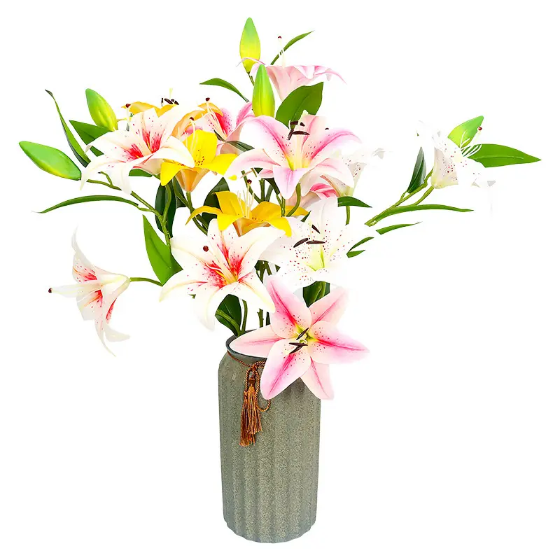 उच्च गुणवत्ता वाले धोने योग्य कृत्रिम 3डी प्रिंट 3 फूल सिर लिली गुलदस्ता घर की शादी के सजावटी फूलों के लिए कृत्रिम फूल