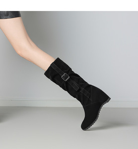 Brown Suede <b>Knee</b>-<b>High</b> Boots Round Toe Wedge Heel Buckle Strap Comfort Wear Drop Shipping - Product Image 4