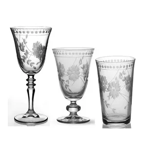 世纪中叶粉色透明水晶复古酒杯蚀刻婚礼水酒杯高脚杯玻璃杯套装