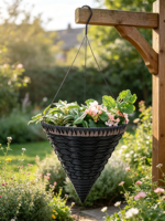 Panier à fleurs suspendu conique en ciment noir, jardinière tressée avec bord dentelé marron, crochet métallique sculpté à la main style américain, étanche