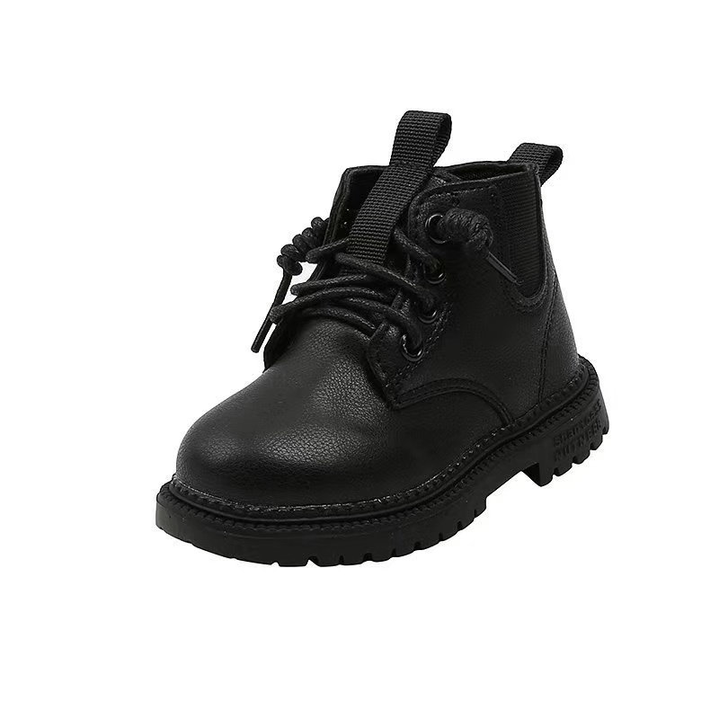 Оптовая продажа; Черные кожаные ботинки с круглым носком для детей; Нескользящие ботинки на шнуровке для мальчиков и девочек; Сезон весна-осень