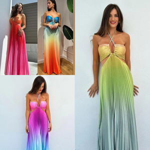 Vestido Largo Plisado Degradado de Verano 2026 <span class=keywords><strong>para</strong></span> Mujer, Vestido Sexy sin Tirantes con Aberturas, Vestido de <span class=keywords><strong>Playa</strong></span> sin Espalda <span class=keywords><strong>para</strong></span> Vacaciones de Primavera - Product Image 1