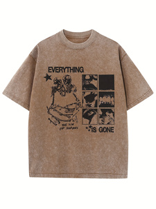 เสื้อยืดโอเวอร์ไซส์สีน้ำตาลฟอกสไตล์อเมริกัน จัดส่งภายใน 3 วัน "Everything Is Gone" ลายพิมพ์โครงกระดูกสไตล์โกธิค เสื้อผ้าสตรีทแวร์ ผ้าฝ้าย 100% - Product Image 1