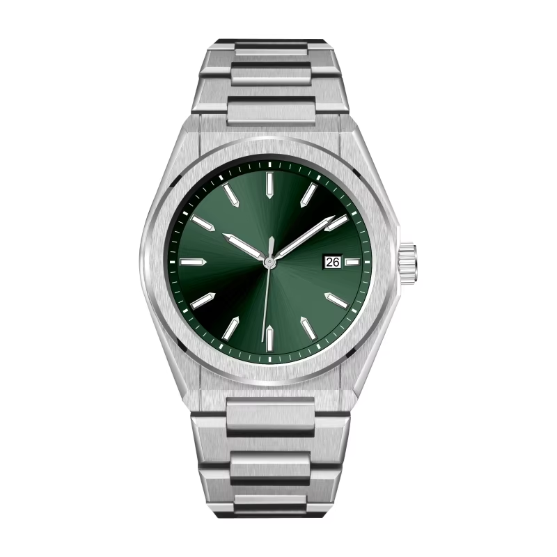 Boîtier argenté, cadran vert.
