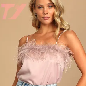 Fashionable Wholesale Luxe Ladies Sexy Tank Crop Tops lady fur fluffy crop Tops Satin Feather Tank Top