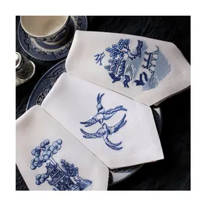 Blue And White Porcelain Customized Wholesale Hemstitch Embroidered Linen Napkin With Logo For Wedding