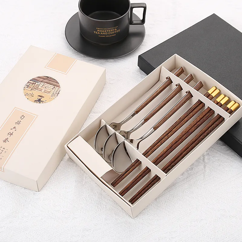 Wholesale Eco Friendly Stainless Steel Cutlery Flatware with Wooden Handle Japanese Spoon Chopsticks Gift Box Set
