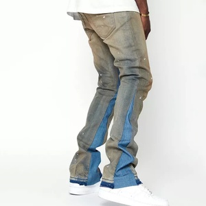 Custom Blue Vintage Fashion Design Distress Hole Flare Fit Blue <b>Jeans</b> Graffiti Paint Splatter <b>Elastic</b> Men <b>Jeans</b> Manufacturers - Product Image 2