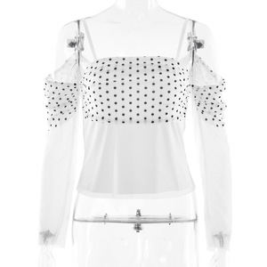Women's Polka Dot Camisole Off Shoulder Mesh <b>Patchwork</b> <b>Top</b> Sheer Layer Party Wear - Product Image 5