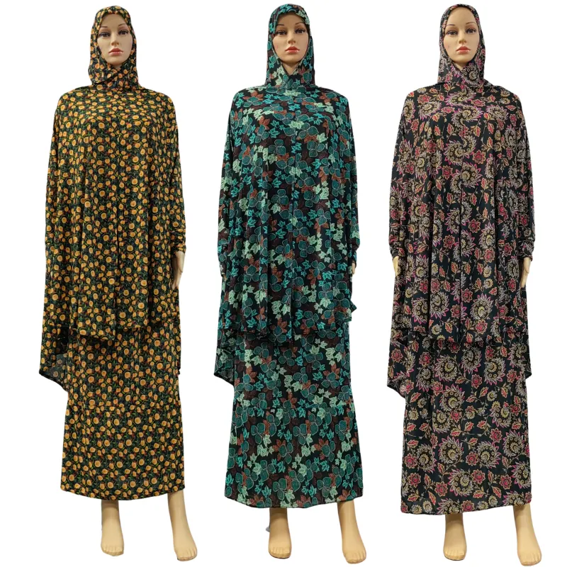 Musulmán modelo tradicional túnica de oración estampado Floral conjunto de 2 piezas Abaya vestido de gran tamaño islámico árabe Hijab Top falda ropa
