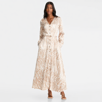 Nouvelle Robe Chemise Longue Femme Imprimé Zèbre Col V Manches Longues Boutonnée Ceinturée Coupe Trapèze Style Bohème Décontracté