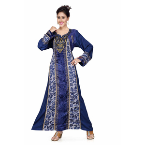 Navy Blue Designer Kaftan with Fabric Mix N <b>Match</b> Jalabiya Elegant Modest Dress Stylish Printed Panel Design for Women - Product Image 1