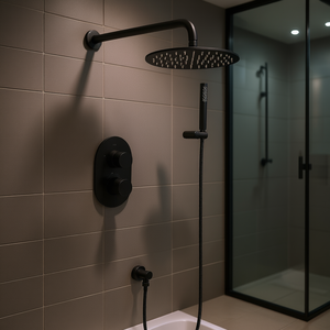 Système de douche thermostatique noir à effet pluie mural avec vanne de raccordement intégrée, design minimaliste - Product Image 2