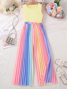 2025 estate abito Casual da ragazza europeo americano gilet corto senza maniche colorato <span class=keywords><strong>plissettato</strong></span> due pezzi Set di abbigliamento per ragazze - Product Image 3