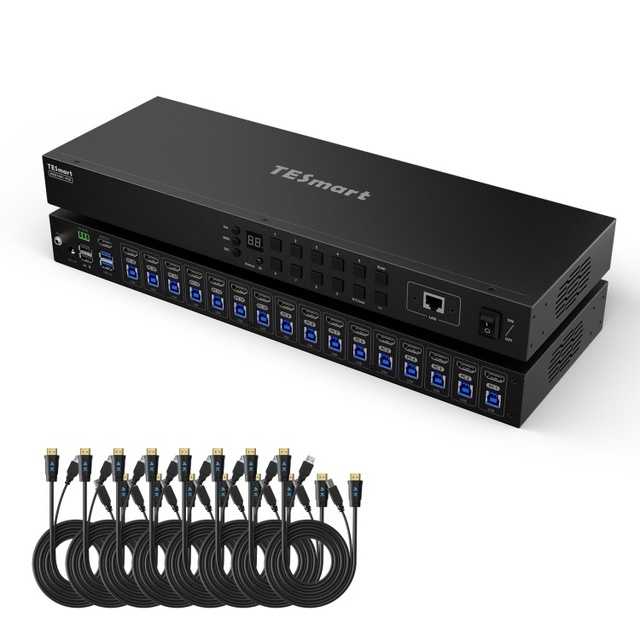 TESmart 16 Port KVM Switch Support 4K60HZ USB 3.0 RS232 LAN Port Control EDID 16x1 HDMI Video Switcher for Server Management