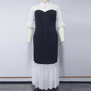 2024 Casual manga corta de talla grande vestido de mujer moda <span class=keywords><strong>blanco</strong></span> negro mixto señoras vestidos para mujeres gordas - Product Image 5