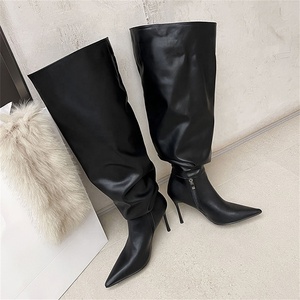 Botas de tacón alto fino con punta, plisadas y holgadas, de caña alta hasta la rodilla, estilo stiletto, para mujer, de ajuste ancho - Product Image 6