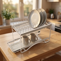 Rak Piring Stainless Steel Modern untuk Lemari Dapur, Tempat Penyimpanan dan Pengeringan Peralatan Makan, Logam 2 Tingkat/Lapis