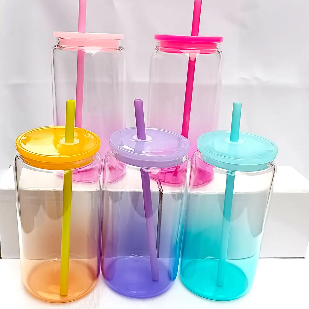 Riutilizzabile 16oz trasparente colori misti trasparente gelatina di vetro può con coperchio e cannucce colorate per sublimazione e involucri DTF UV