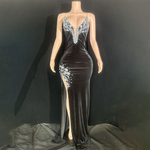 Novance Y4225 Nouveaux produits Idées Robes de soirée élégantes en velours noir avec strass brillants Train chic Robes de bal de fin d'année - Product Image 5