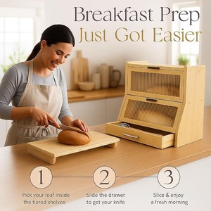 Boîte à pain en bois En Yi à 3 niveaux avec porte en verre, tiroir à couteaux, rangement de cuisine pour pain et produits de boulangerie - Product Image 1