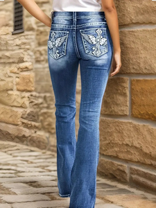 Women's Summer Casual Medium Wash Double <strong>Button</strong> High Waist Wing <strong>Cross</strong> Embroidery Back Pocket Flare Leg Stretch Denim <strong>Jeans</strong> - Product Image 2