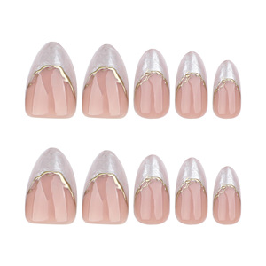 Uñas Postizas Francesas Almond Press On, Blancas y Rosas Brillantes, con Diseño de Hoja de Oro, Uñas Cortas de Uso Temporal - Product Image 2