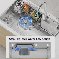 Évier de cuisine multifonction cascade à trois compartiments en acier inoxydable 304, avec lave-tasses, robinet et égouttoir, design moderne, surface NANO