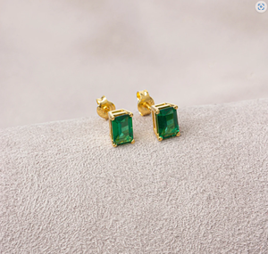 Vintage Natural <b>Emerald</b> 6x4mm Baguette Cut Stud <b>Earrings</b> in 14K Yellow <b>Gold</b> | Genuine <b>Emerald</b> Gemstone Wedding <b>Earrings</b> - Product Image 3