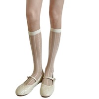 Collants en nylon jacquard à rayures verticales et petites fleurs, style Pure Desire français, gris clair, fins, printemps/été, dentelle haut de gamme, collection niche