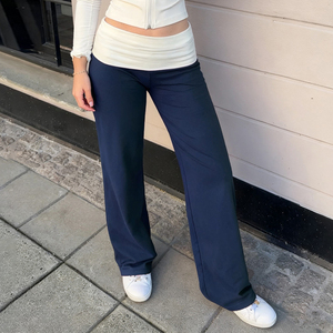 Women's Foldover Waist Wide Leg Pants, High Waist Flared Lounge Flared Minimalist Casual Yoga Trousers - Product Image 6