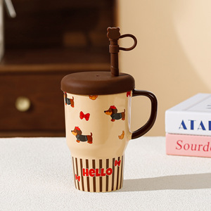 Taza de café de diseño de dibujos animados de cachorro creativo de cerámica de gran capacidad con tapa y tubo de succión para regalos - Product Image 1