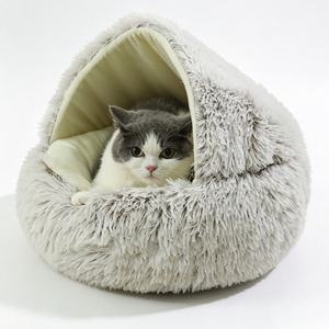 Soft Faux Fur Cat <b>Bed</b> Cave Round Pink White Indoor Pet <b>Nest</b> Removable Washable All Seasons Cute Style - Product Image 6